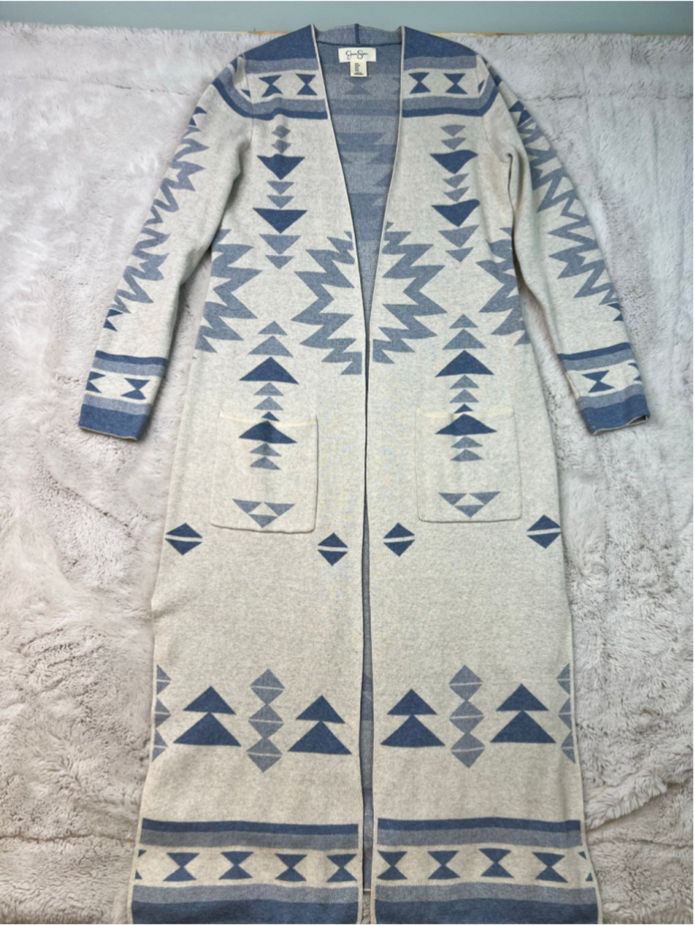 Jessica Simpson Cardigan Sweater Long Aztec Size S Beige Blue Open Front Cotton